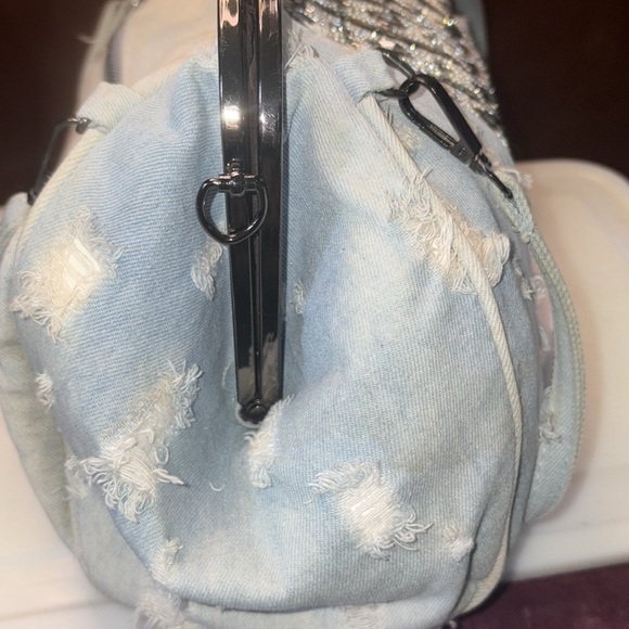 Distressed Denim shoulder bag Crossbody bag clutch rhinestone butterfly clasp - Picture 17 of 17